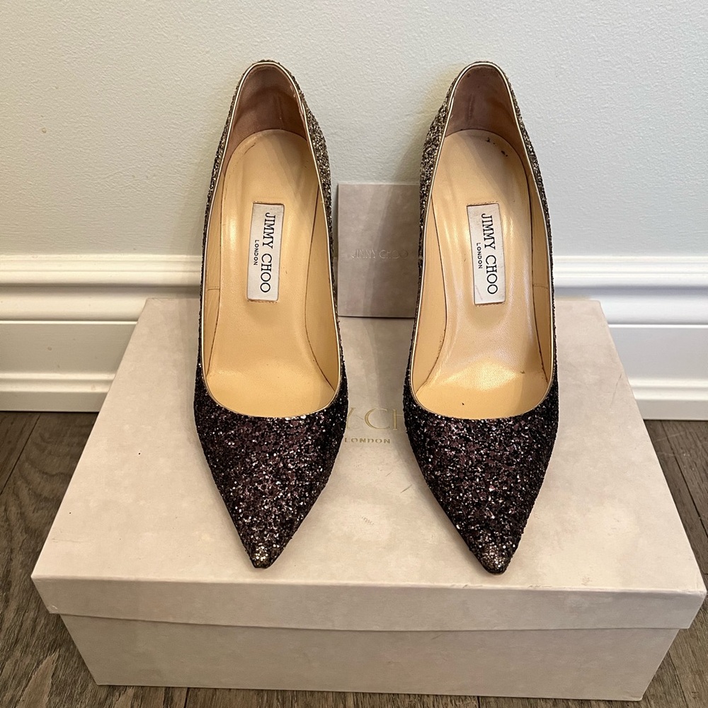Jimmy Choo Glitter Gradient Heels in Gold and Brown - Picture 2 of 8